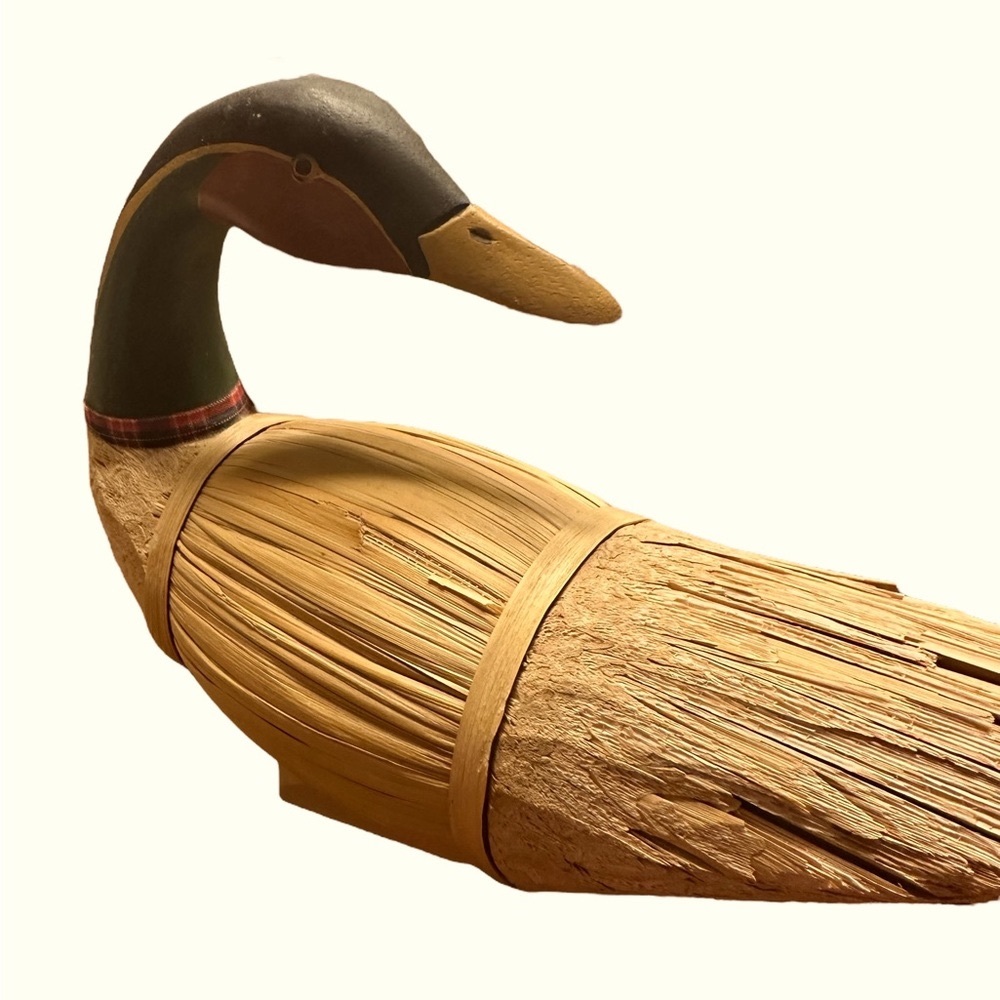 Vintage Wood and Seagrass Goose, Russ Berrie Hand Painted Straw Goose.